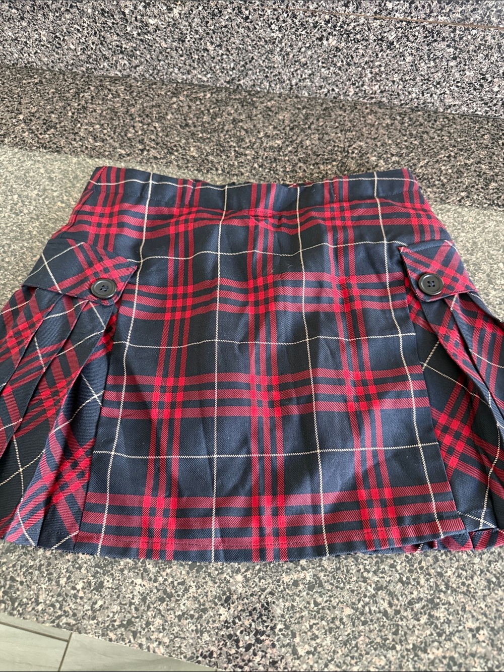 Lands' End Navy and Red Plaid Pleated Mini Skirt altered.